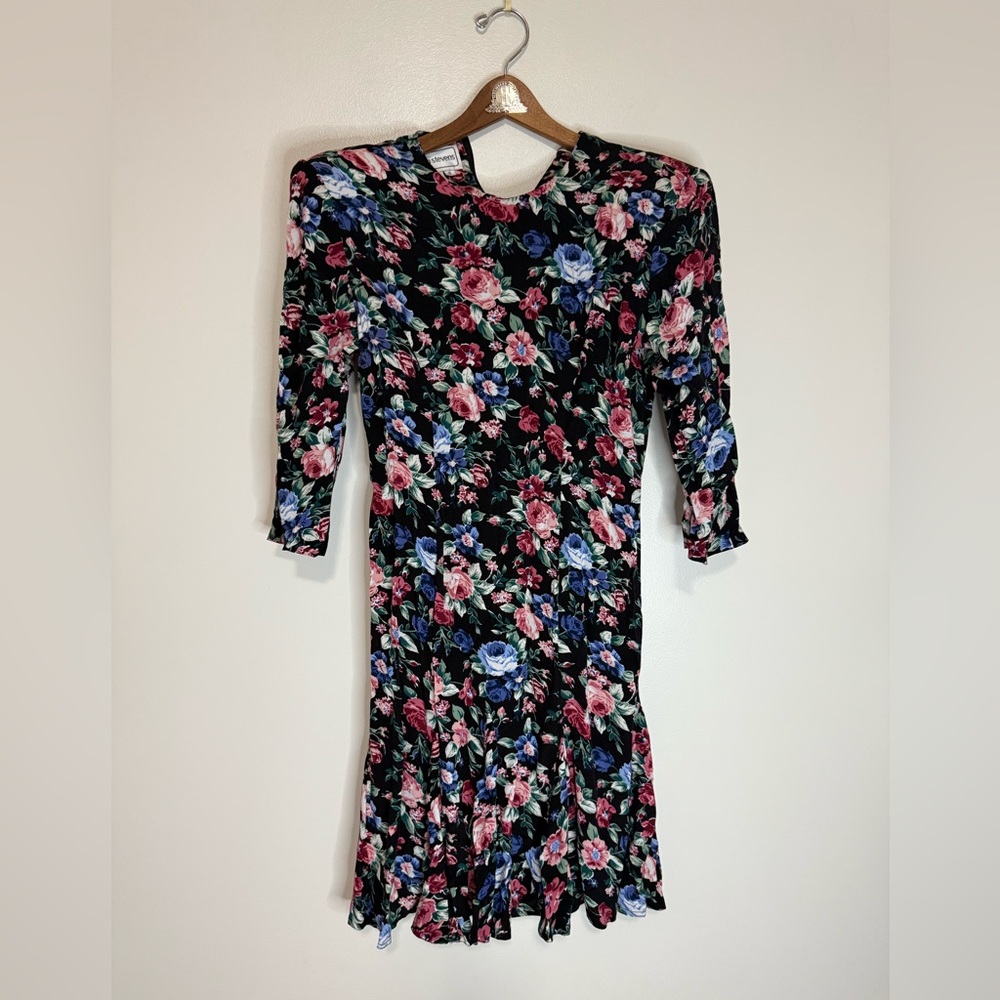 karin stevens Vintage Black Floral Midi Dress with Pink & Blue Flowers size 8